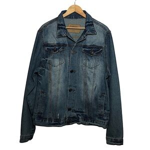 Carbon 70829 Denim Blue Yellowish Wash Distressed Buttoned Trucker Jean Jacket L